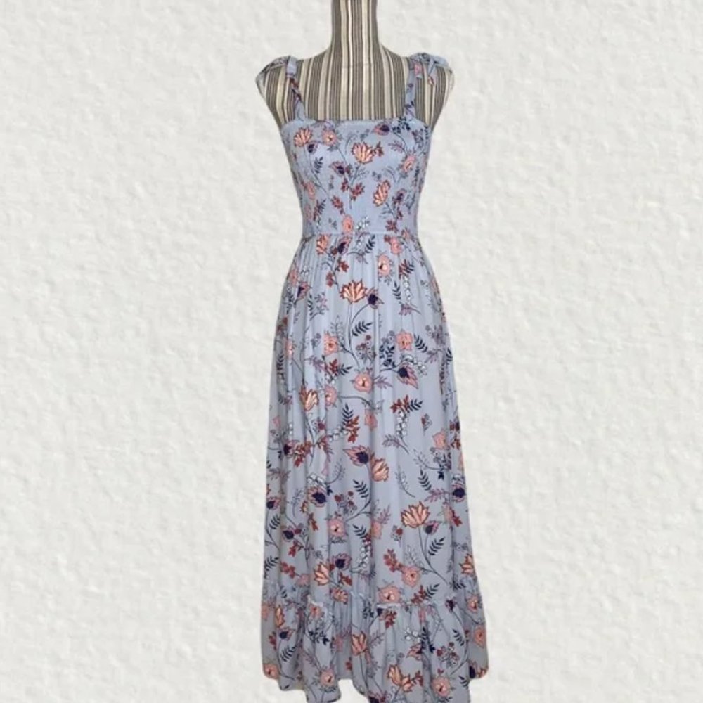 Smocked Waist Pale Blue Floral Maxi Dress